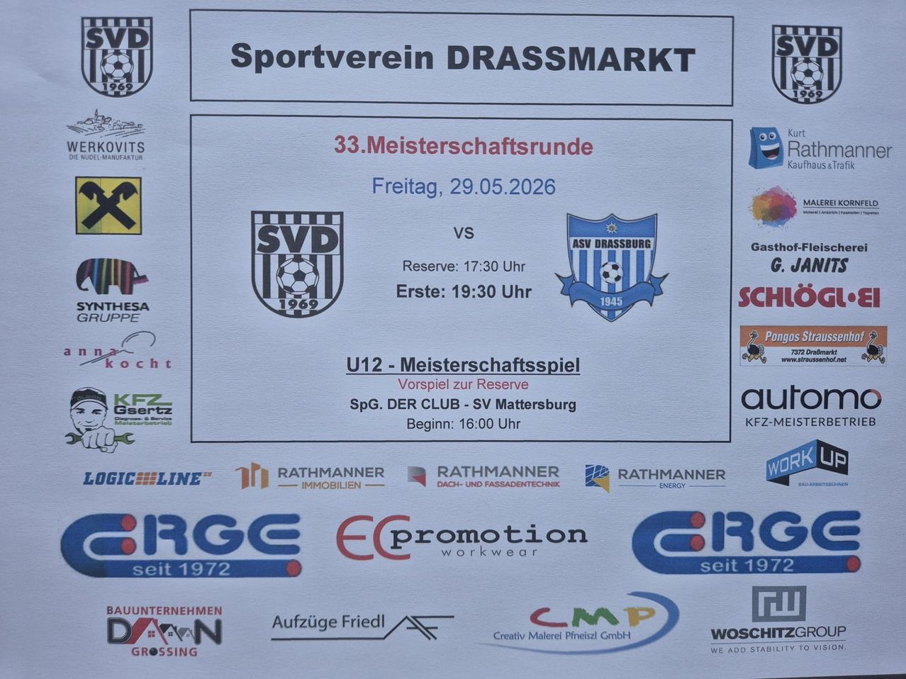 Poster for the 33rd championship round of the Sportverein Drassmarkt, scheduled for Friday, May 29, 2026. Includes matches for the reserve team at 17:30 and the first team at 19:30. Also features a U12 championship game between SPG DER CLUB and SV Mattersburg, starting at 16:00.
