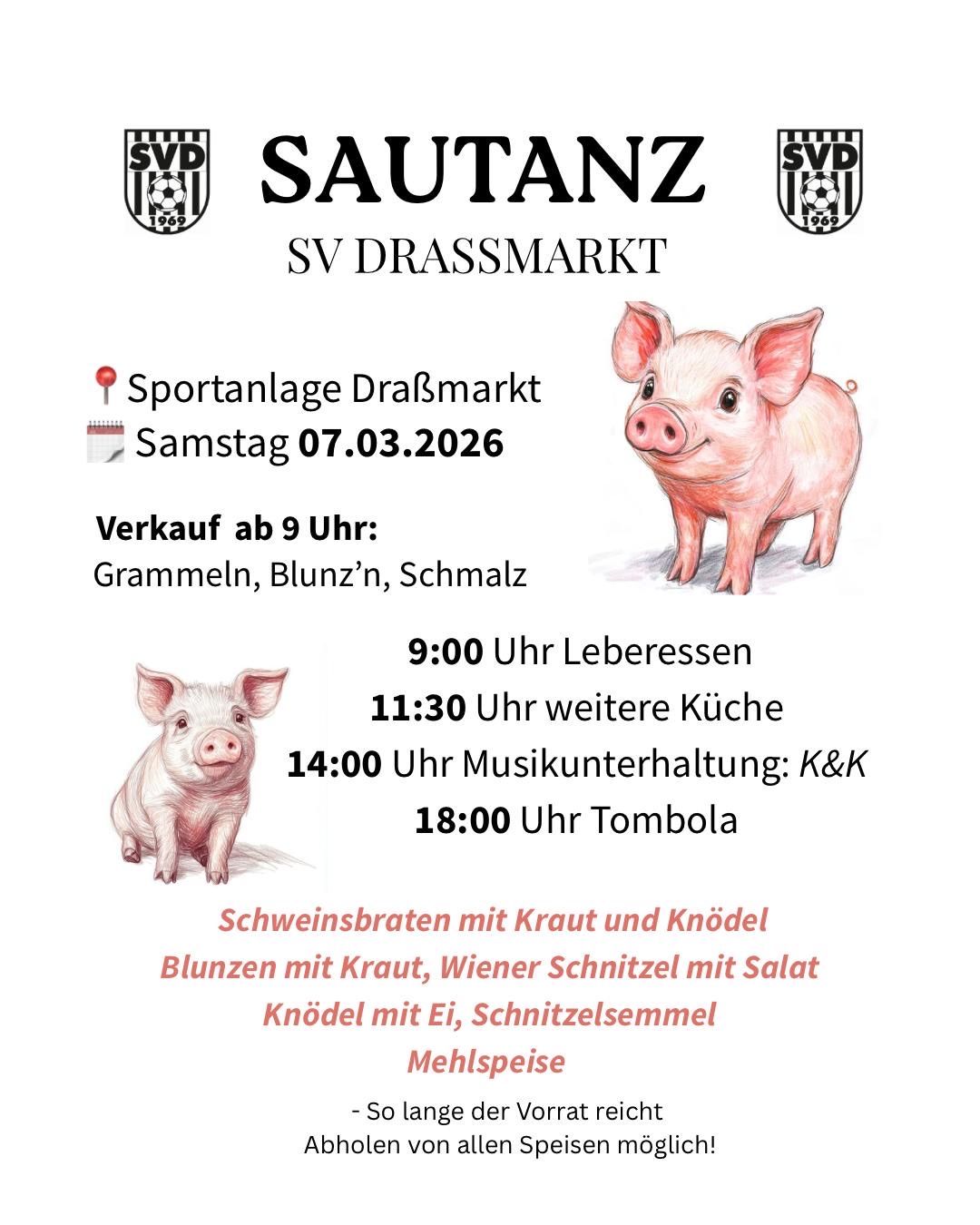 A flyer for the SVT Sautanz sports event at Drassmarkt on March 7, 2026. It includes live music, food stalls, and a raffle.