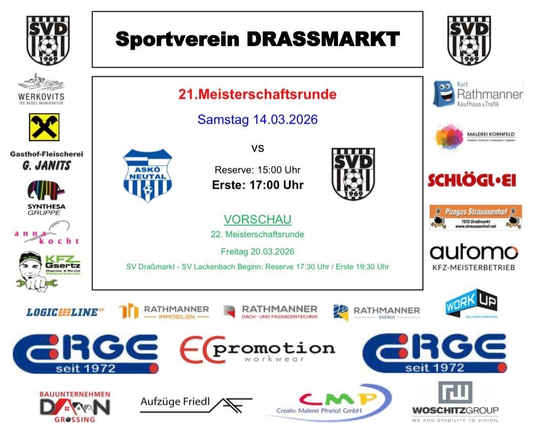 Der 21. Meisterschaftsrunde des Sportvereins Drassmarkt findet am Samstag, 14.03.2026 statt. Die Reserve beginnt um 15:00 Uhr und die erste Mannschaft um 17:00 Uhr.