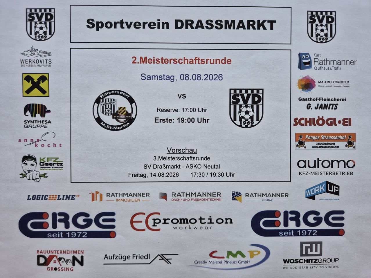Ein Plakat für eine Sportveranstaltung des Sportvereins Drassmarkt. Es zeigt zwei Teams, SV Drassmarkt und SVD, mit Terminen und Zeiten der Spiele. Das Plakat enthält Logos von Sponsoren und Partnern.