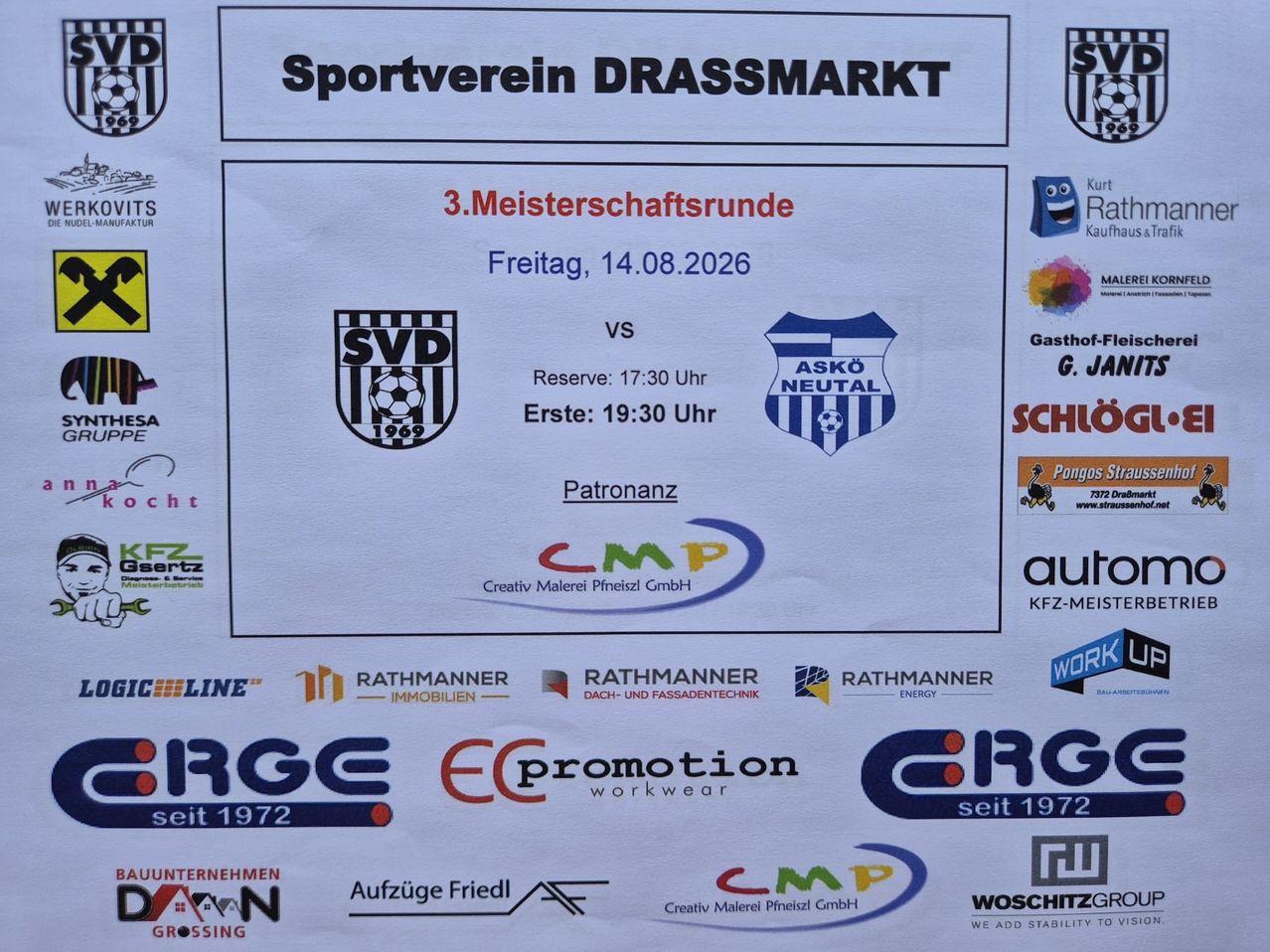 Ein Plakat des Sportvereins für ein Fußballspiel zwischen SVD und ASKO NEUTRAL am 14. August 2026. Die Spielzeiten sind 17:30 für die Reserve und 19:30 für die erste Mannschaft. Das Plakat enthält Logos von Sponsoren und Partnern.