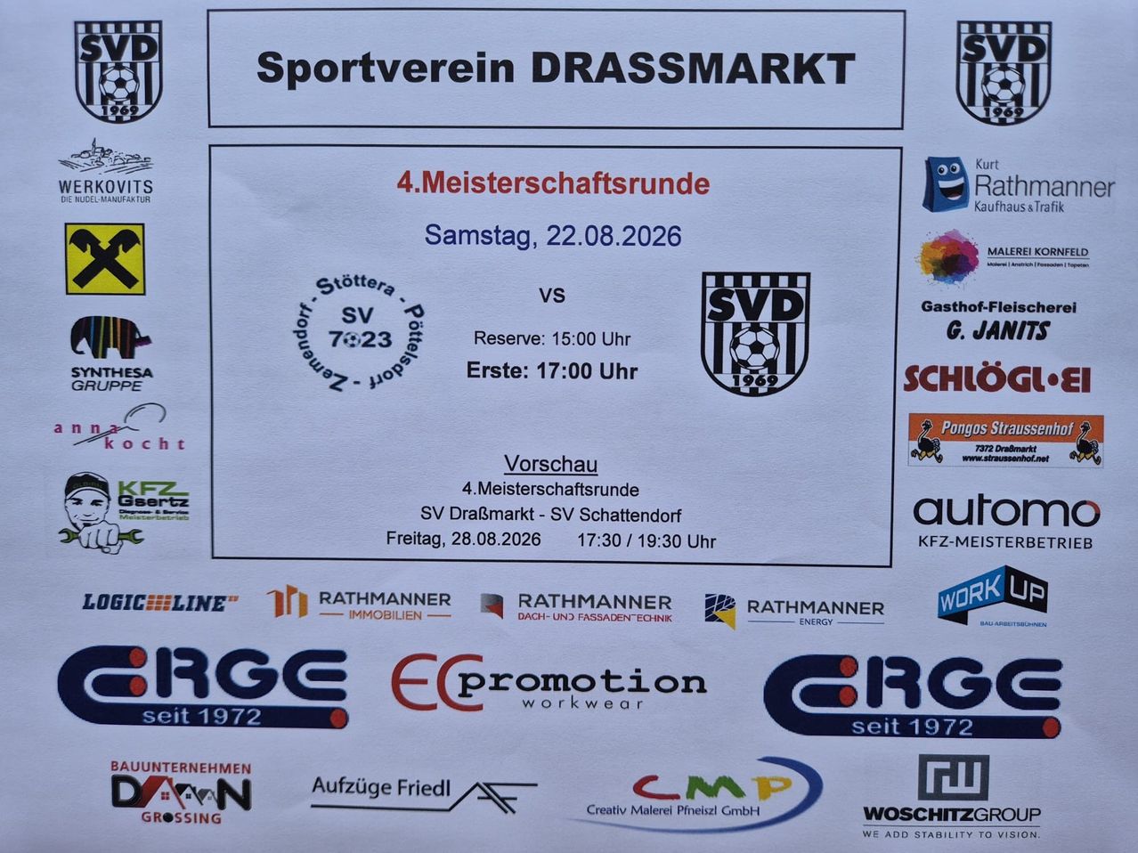 A white poster advertising a soccer match between Sportverein Drassmarkt and SVD. The match is scheduled for Saturday, August 22, 2026, with the reserve game starting at 15:00 and the main game at 17:00.