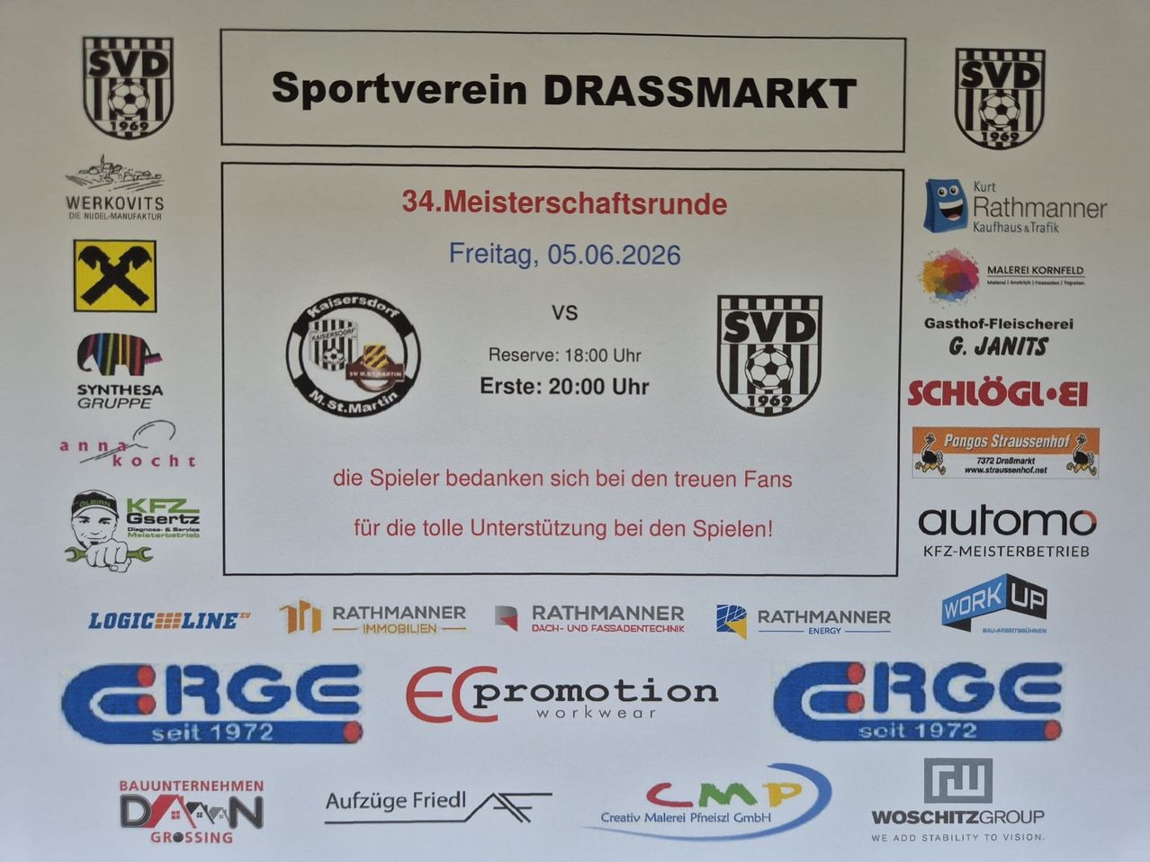 Poster for the 34th championship round of Sportverein Drassmarkt. Matches on Friday, June 5, 2026. Reserve game starts at 18:00, and the first game at 20:00. Sponsors listed. Players thank fans for support.