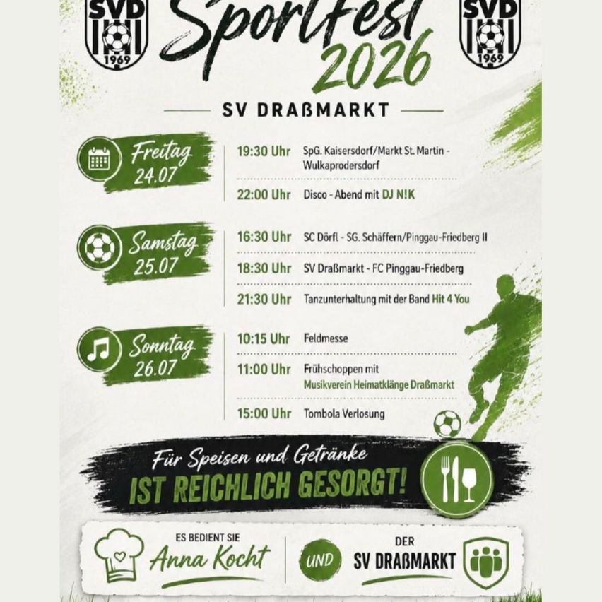 Plakat für Sportfest 2026 mit Veranstaltungen am Freitag, Samstag und Sonntag, einschließlich Fußballspiele, Disco und Tombola.