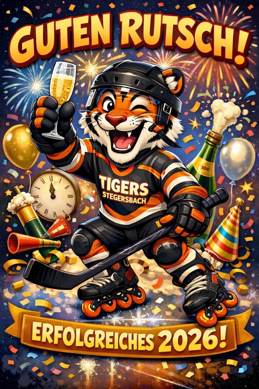Illustration eines Eishockey spielenden Tiger-Maskottchens, das einen Sieg mit Feuerwerk, Luftballons und einer Champagnerflasche feiert. Das Maskottchen trägt ein schwarzes Trikot mit dem Wort 'TIGERS' und dem Namen 'Stegersbach'.