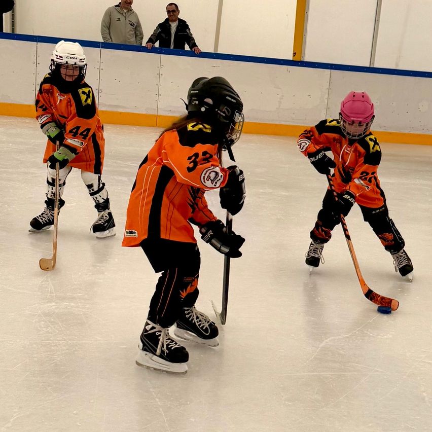 Three young hockey players compete on an ice rink. The player in the center wears an orange jersey with the number 33. Two others wear jerseys with numbers 44 and 21. Spectators watch from the sidelines.