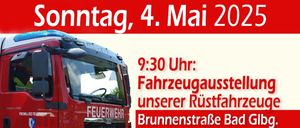 Plakat für Florianimesse & Fahrzeugausstellung, mit einem roten Feuerwehrauto. Es enthält Veranstaltungsdetails wie Datum, Uhrzeit und Ort der Fahrzeugausstellung und der Florianimesse.