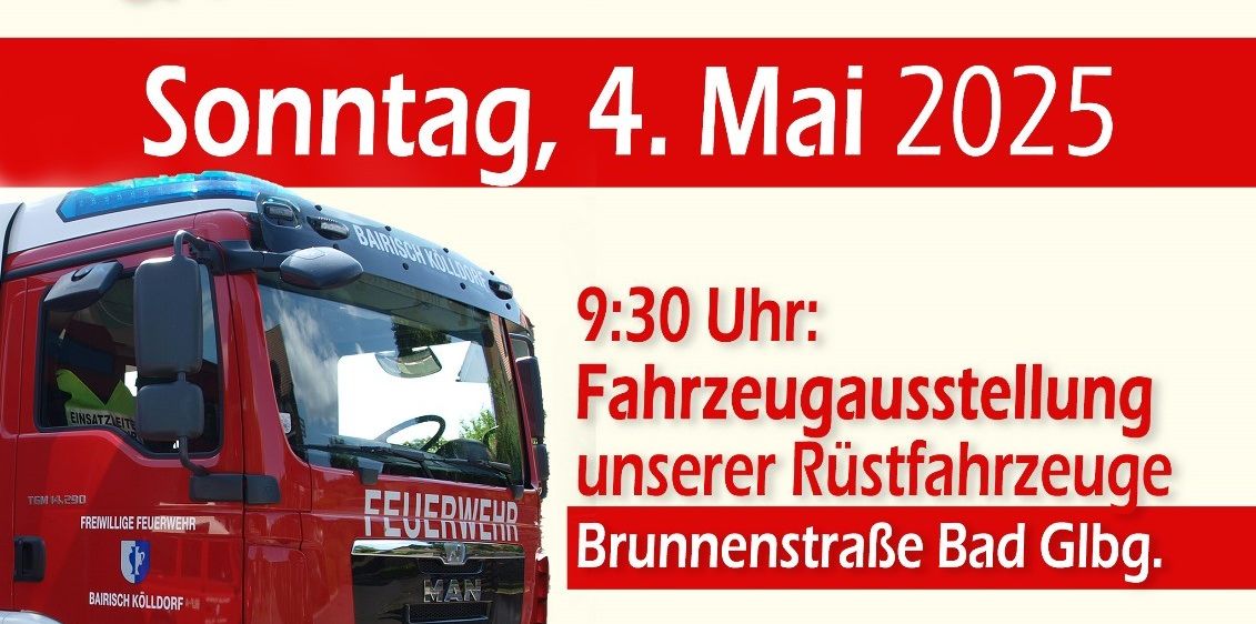 Plakat für Florianimesse & Fahrzeugausstellung, mit einem roten Feuerwehrauto. Es enthält Veranstaltungsdetails wie Datum, Uhrzeit und Ort der Fahrzeugausstellung und der Florianimesse.