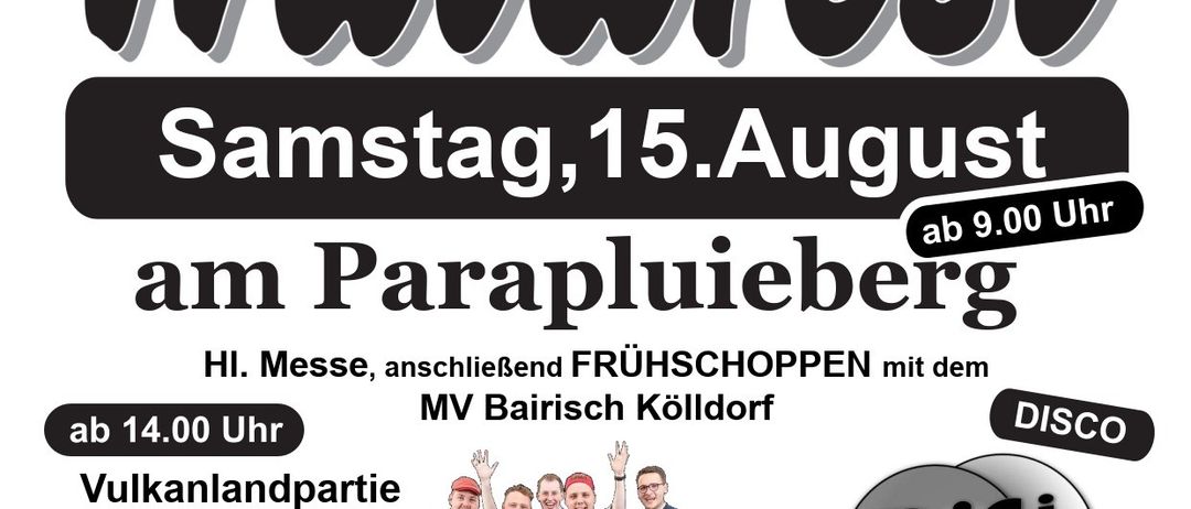 Plakat für das Waldfest-Event am 15. August am Parapluieberg. Zeigt ein Gruppenfoto von Menschen in traditioneller Kleidung, Veranstaltungsdetails und Ticketpreise.
