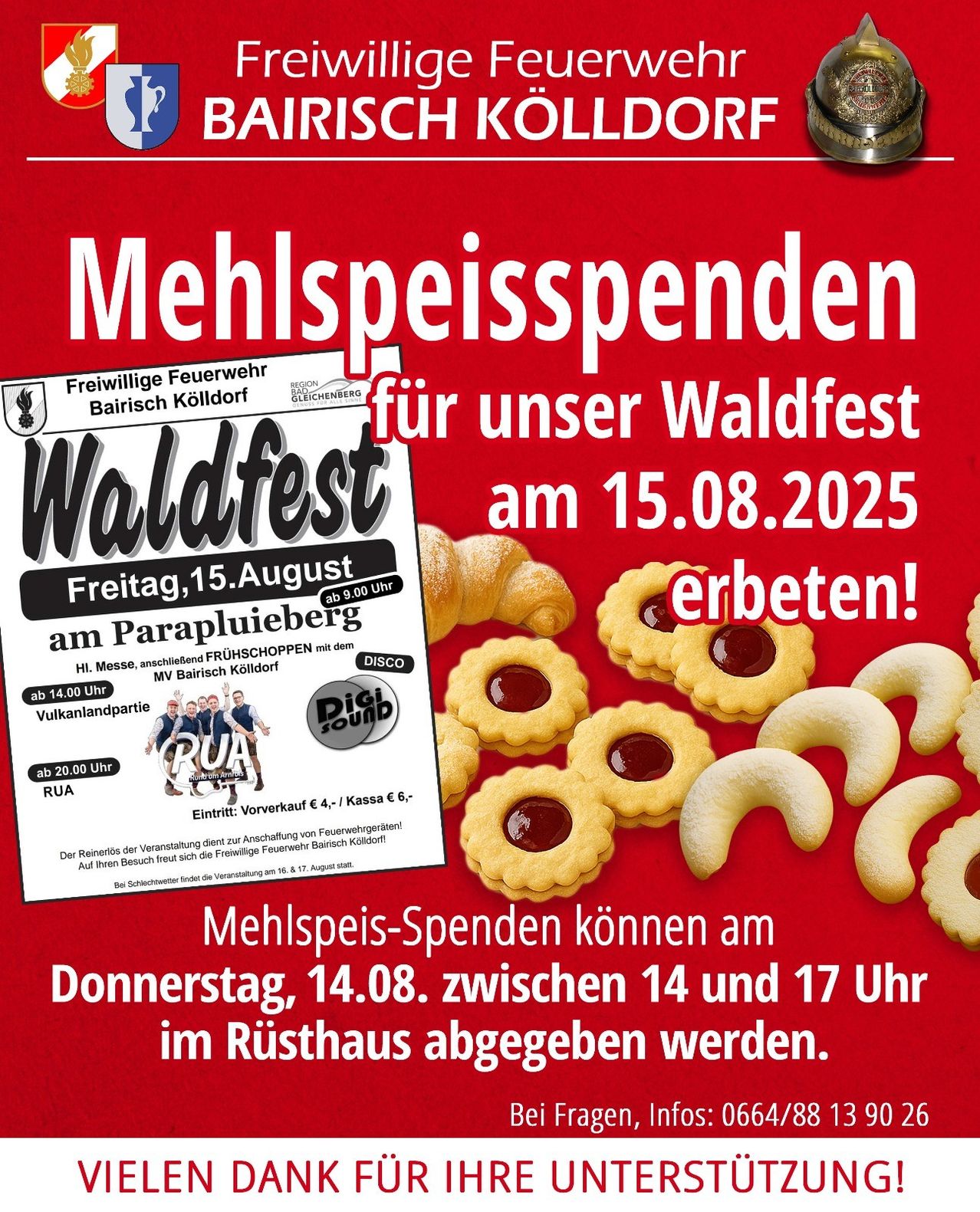 Plakat für Waldfest in Bairisch Kolldorf am 15. August 2025. Zeigt Bilder von Gebäck und ein Gruppenfoto. Mehlspenden können am 14. August zwischen 14 und 17 Uhr abgegeben werden.