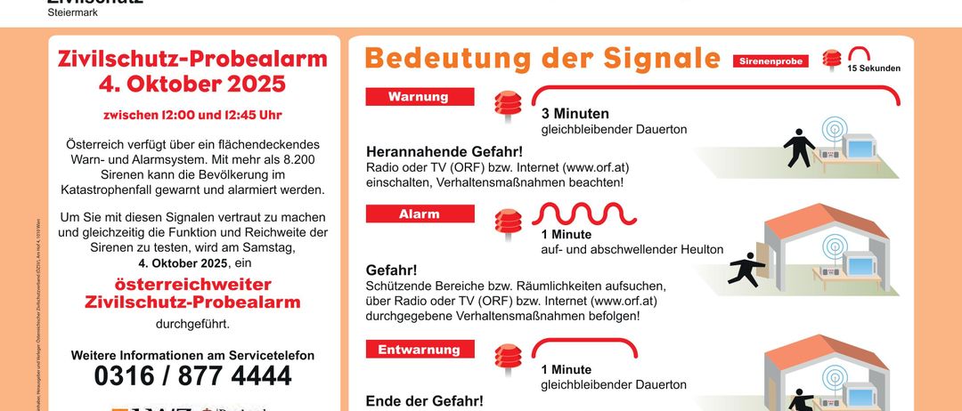 Eine Ankündigung über eine großflächige Zivilschutz-Probealarm in Österreich, geplant für Oktober 2025. Sie gibt Anweisungen zur Reaktion auf verschiedene Signale und wo weitere Informationen zu finden sind.