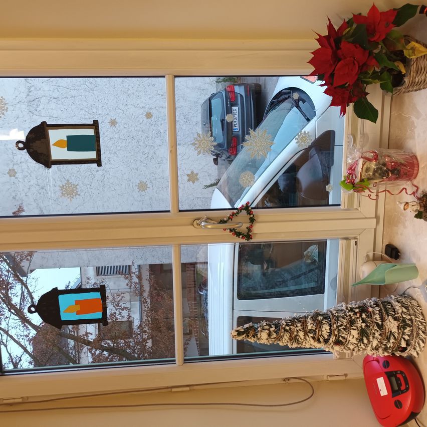 Ein Fenster mit einer Weihnachtsdekoration aus einer Laterne und einer Christsternpflanze. Draußen steht ein Auto mit Schneeflocken auf der Windschutzscheibe. Das Auto spiegelt sich im Fenster wider.