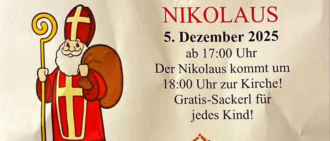 Plakat mit einer Zeichnung von St. Nikolaus, der einen Sack hält, kündigt seinen Besuch am 5. Dezember 2025 an, ab 17:00 Uhr, und einen Gratis-Sackerl für jedes Kind.