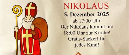 Plakat mit einer Zeichnung von St. Nikolaus, der einen Sack hält, kündigt seinen Besuch am 5. Dezember 2025 an, ab 17:00 Uhr, und einen Gratis-Sackerl für jedes Kind.