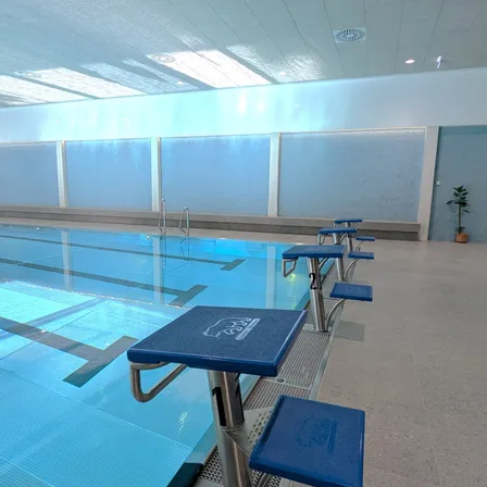 Ein Hallenbad mit blauen Kacheln, Bänken und einer Pflanze in einem Topf auf der rechten Seite. Die Decke hat Lichter und ein Belüftungssystem.