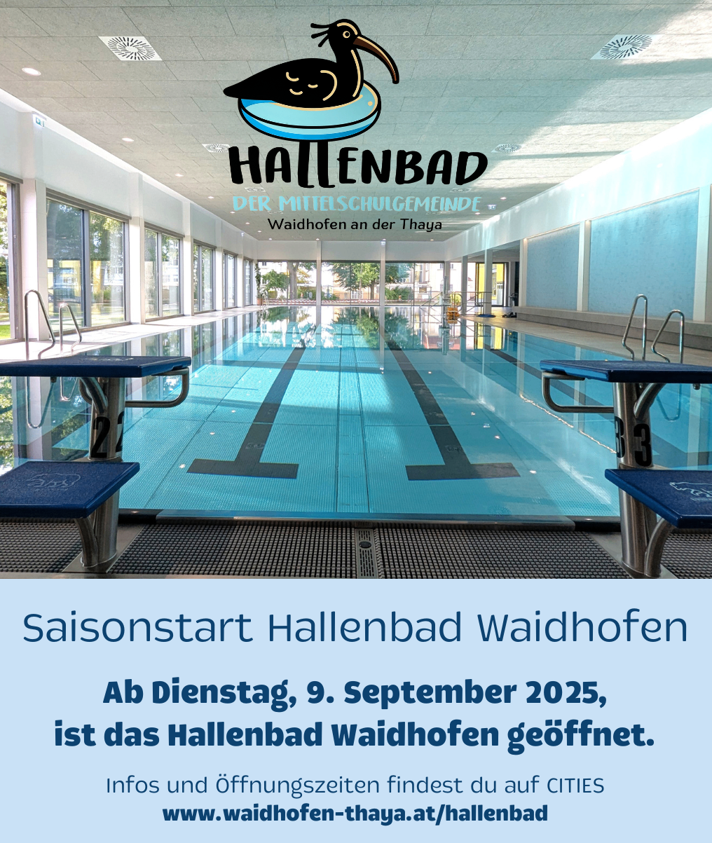 Ein leerer Schwimmpool mit Glaswänden und blauem Wasser, beschriftet mit 'Hallenbad'. Der Pool ist sauber und einsatzbereit.