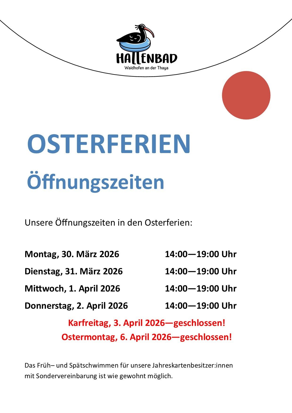 Ein Werbeplakat für Osterferien in Waidhofen an der Thaya. Öffnungszeiten von Montag, 30. März 2026, bis Donnerstag, 2. April 2026, sind 14:00 bis 19:00 Uhr. Karfreitag und Ostermontag geschlossen.