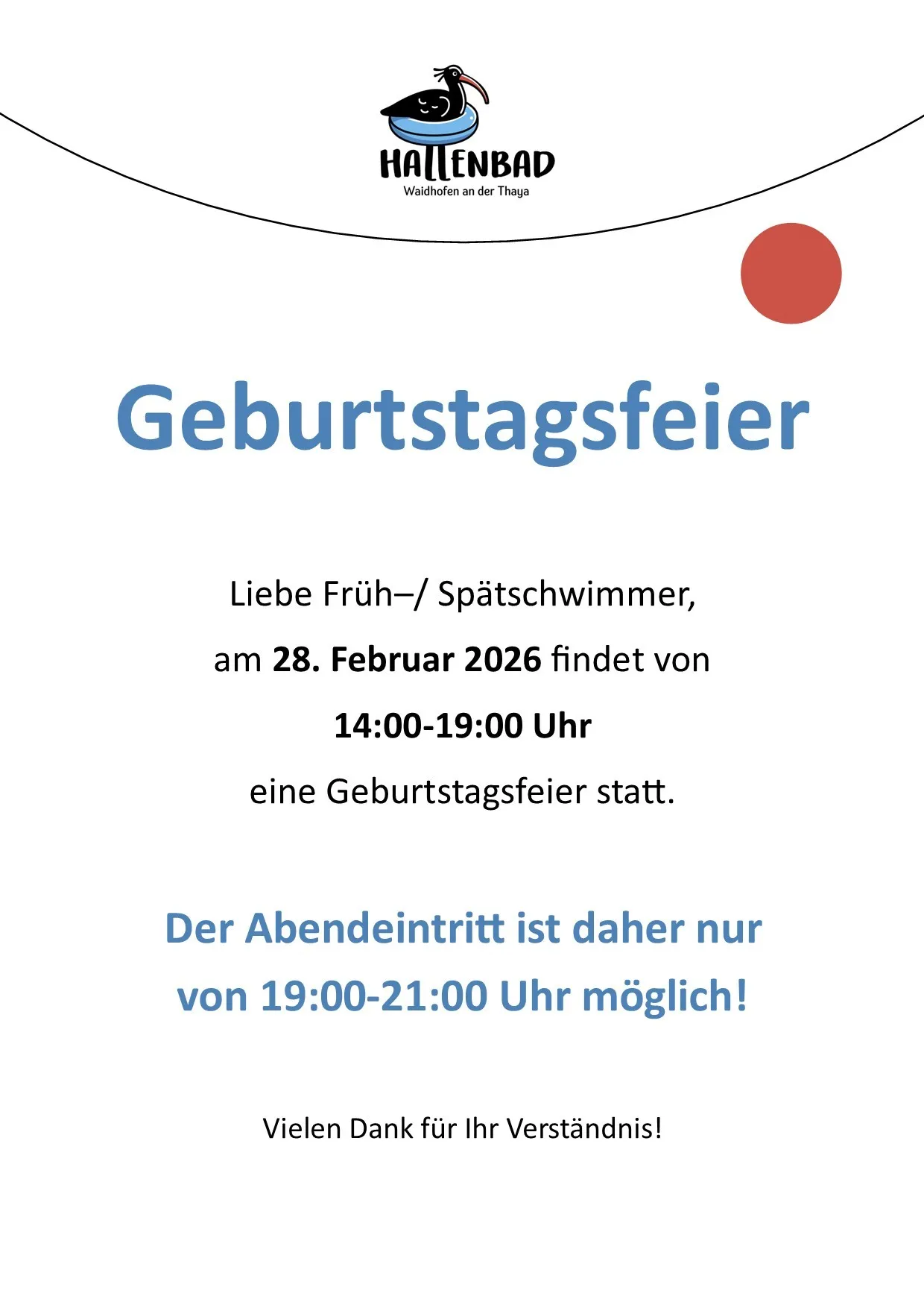 Eine Geburtstagsfeier-Ankündigung auf weißem Hintergrund steht in Blau 'Geburtstagsfeier'. Sie ist für den 28. Februar 2026 von 14:00 bis 19:00 Uhr. Der Abendeintritt ist nur von 19:00 bis 21:00 Uhr möglich!