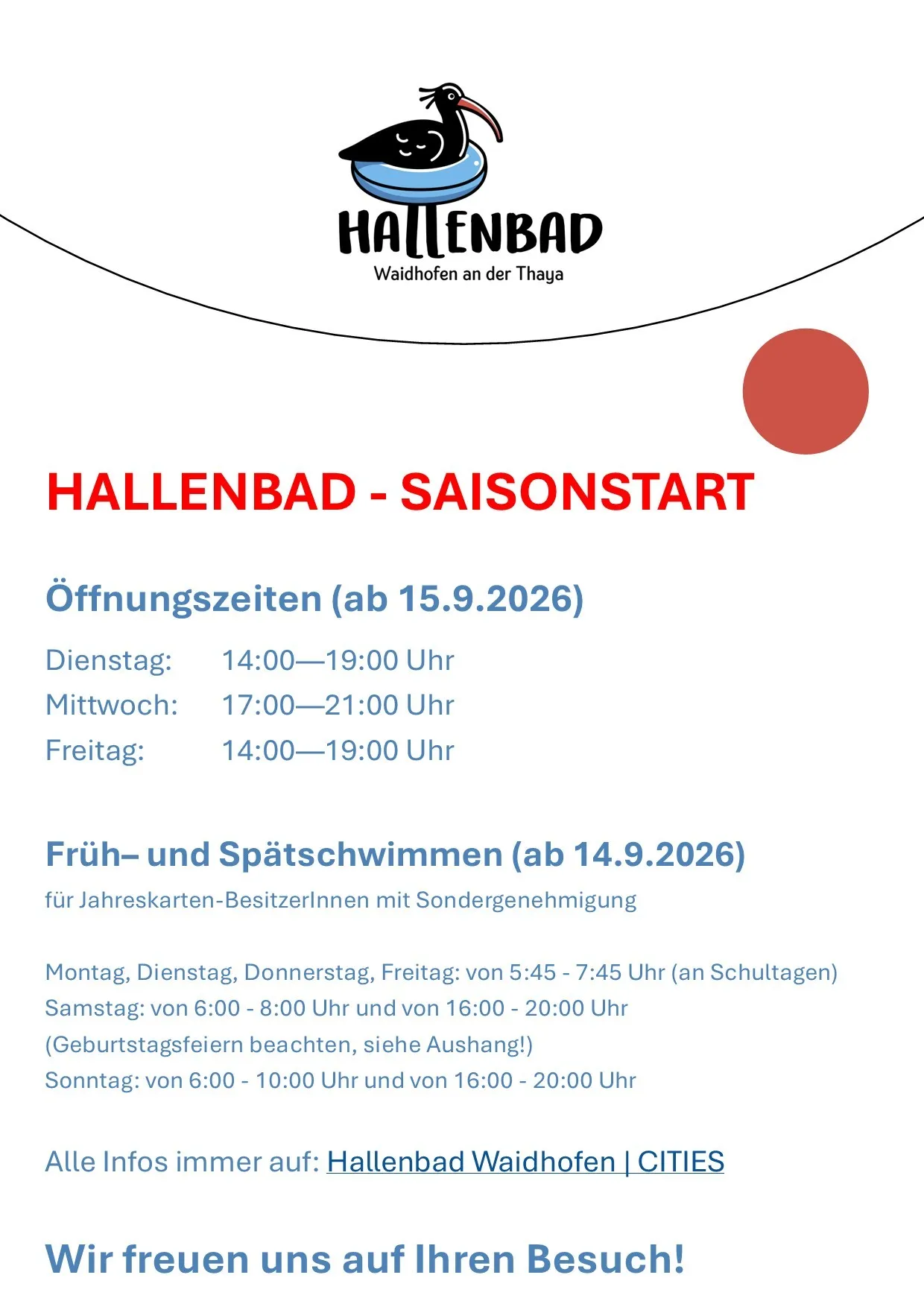 Plakat für Hallenbad in Waidhofen an der Thaya, Deutschland. Öffnungszeiten ab 15.9.2026. Früh- und Spätschwimmen für Jahreskarten-Besitzer mit Sondergenehmigung.