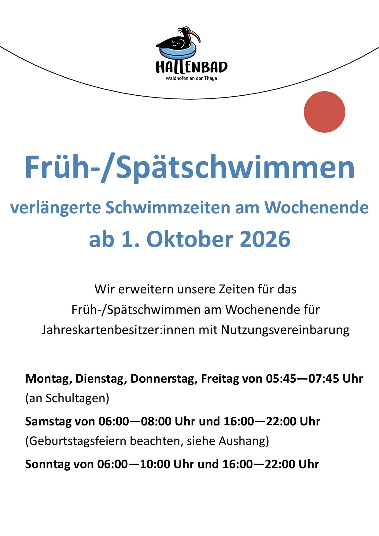 Ein Plakat für Hallenbad Waldhof, das verlängerte Schwimmzeiten für Früh- und Spätschwimmer an Wochenenden ab dem 1. Oktober 2026 ankündigt.