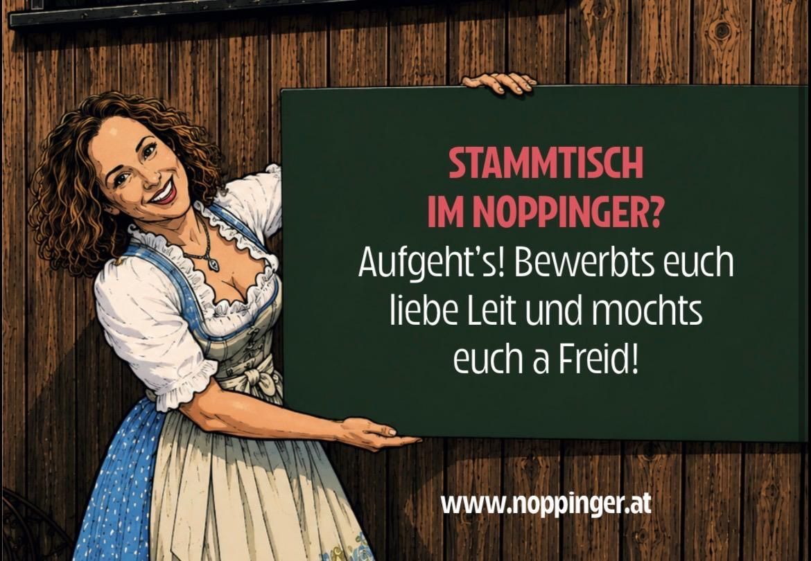 A smiling woman in a traditional dress holds a green sign with the text Stammtisch im Noppinger? and a website address.