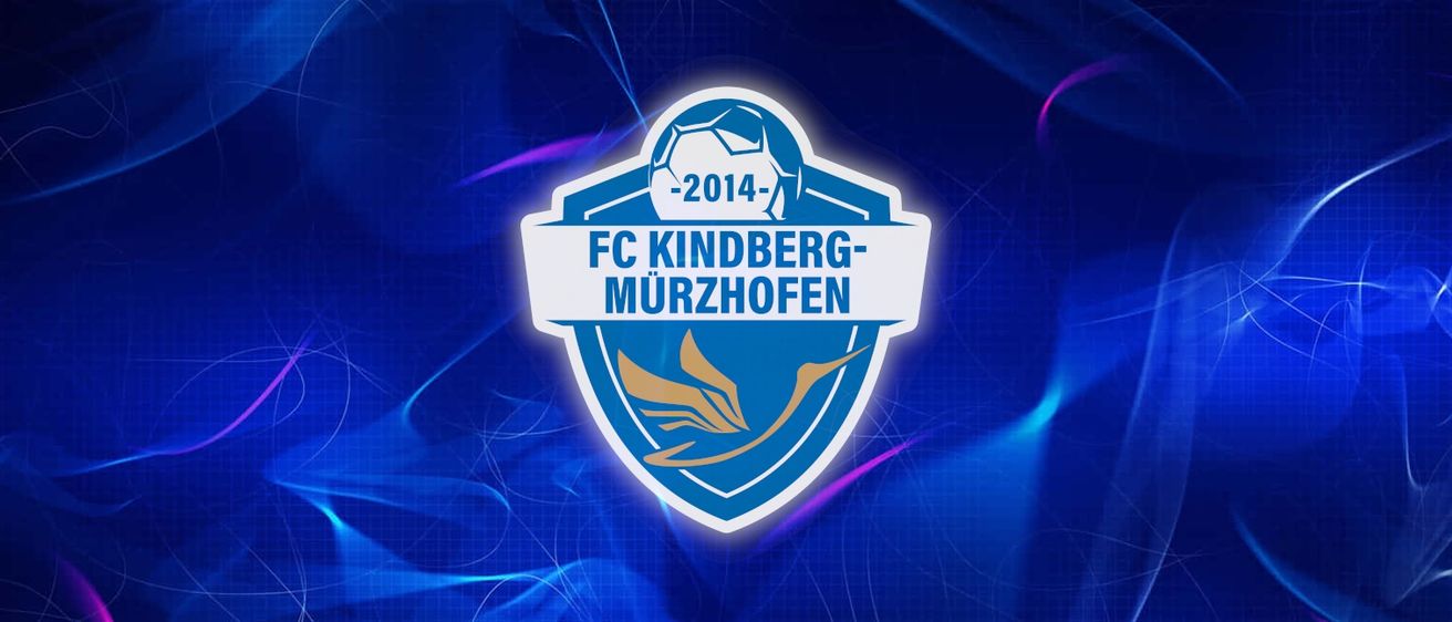 Das Logo des FC Kindberg Murzhofen auf blauem Hintergrund aus dem Jahr 2014. Das Logo zeigt einen Schild mit einem Fußball und dem Text FC Kindberg Murzhofen.