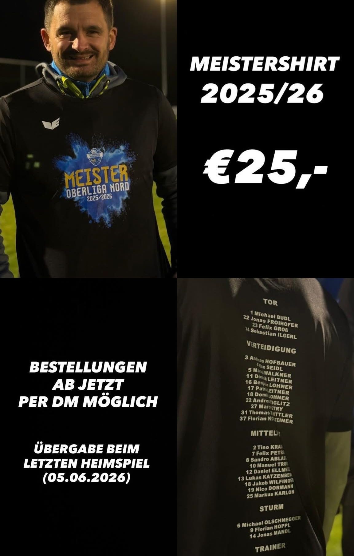 Schwarzes T-Shirt mit 'Meister Oberliga Nord' und 2025-2026 auf der Vorderseite, zum Preis von 25 Euro. Ein weiteres schwarzes Shirt mit Namen und Nummern auf der Rückseite und einer Bestellnachricht.