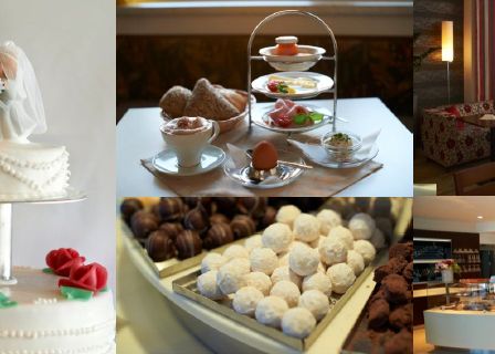 Vier Bilder von einer Hochzeitstorte, einem Desserttablett, einer Dessertausstellung und einem Restaurantinnenraum. Das erste Bild zeigt eine Hochzeitstorte mit einer Braut- und Bräutigamfigur. Das zweite Bild ist ein Desserttablett mit verschiedenen Gebäckstücken. Das dritte Bild ist eine Dessertausstellung mit Schokoladenkugeln. Das vierte Bild ist ein Restaurantinnenraum mit Tischen und Stühlen.
