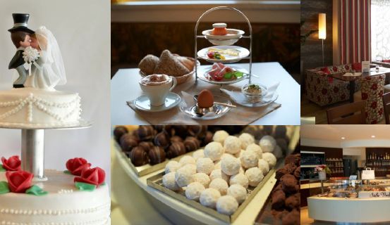 Vier Bilder von einer Hochzeitstorte, einem Desserttablett, einer Dessertausstellung und einem Restaurantinnenraum. Das erste Bild zeigt eine Hochzeitstorte mit einer Braut- und Bräutigamfigur. Das zweite Bild ist ein Desserttablett mit verschiedenen Gebäckstücken. Das dritte Bild ist eine Dessertausstellung mit Schokoladenkugeln. Das vierte Bild ist ein Restaurantinnenraum mit Tischen und Stühlen.