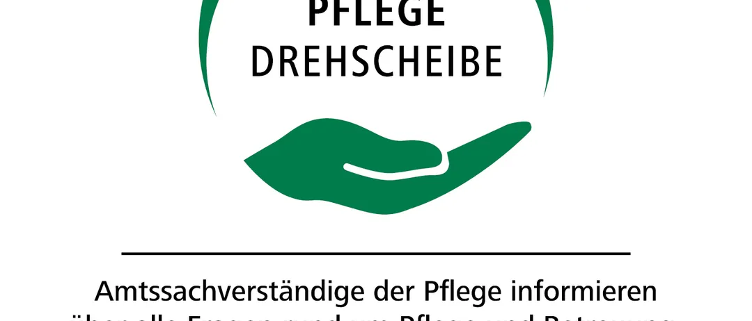 Ein rundes Logo mit dem Text Pflege Drehscheibe. Darunter steht der Text 'Amtssachverständige der Pflege informieren uber alle Fragen rund um Pflege und Betreuung.' Darunter befindet sich ein Wappenbild mit dem Text 'Das Land Steiermark.'