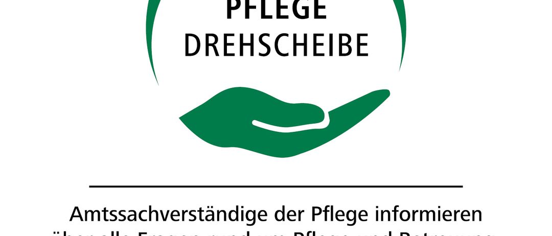 Ein rundes Logo mit dem Text Pflege Drehscheibe. Darunter steht der Text 'Amtssachverständige der Pflege informieren uber alle Fragen rund um Pflege und Betreuung.' Darunter befindet sich ein Wappenbild mit dem Text 'Das Land Steiermark.'