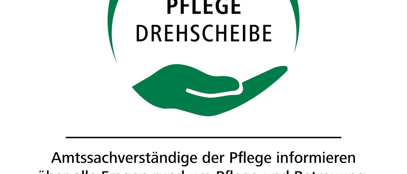 Ein rundes Logo mit dem Text Pflege Drehscheibe. Darunter steht der Text 'Amtssachverständige der Pflege informieren uber alle Fragen rund um Pflege und Betreuung.' Darunter befindet sich ein Wappenbild mit dem Text 'Das Land Steiermark.'