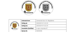 A document displays the official seal of Gemeinde Buch-St. Magdalena. Details include the validator's name, validity dates, issuer certificate, and series number. A link to signature verification information is provided.