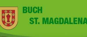 A green background displays the logo for Buch St. Magdalena. The logo includes a shield with a red and yellow background, a red vase in the center, and surrounded by coffee beans.
