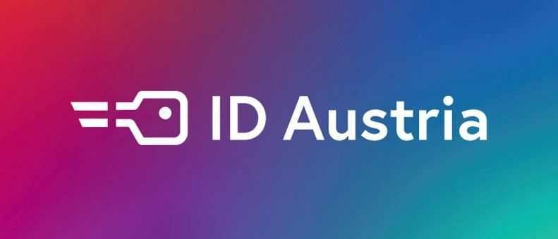 Das ID Austria Logo auf einem lebhaften Hintergrund mit den Farben Rot, Blau und Grün. Das Logo beinhaltet ein weißes Schlüssel-Symbol und den Text 'ID Austria' in Weiß.