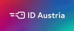 Das ID Austria Logo auf einem lebhaften Hintergrund mit den Farben Rot, Blau und Grün. Das Logo beinhaltet ein weißes Schlüssel-Symbol und den Text 'ID Austria' in Weiß.