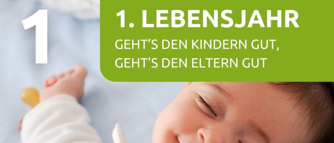 Ein Bild eines schlafenden Babys, das auf einem blauen Kissen liegt, mit einem grünen Banner darüber. Das Banner steht für '1. Lebensjahr.' Unten sind Termine und Orte angegeben. Das Bild enthält das Logo 'F A B O.'