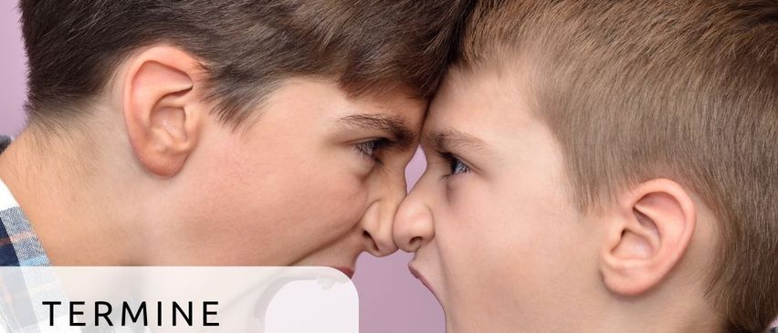 Zwei Jungen stehen sich gegenüber und schreien sich an. Oben steht der Text '4. Lebensjahr hinaus in die Welt'. Darunter wird der Text 'TERMINE' angezeigt, gefolgt von Terminen und Orten. Unten rechts befindet sich ein Logo 'FABU'.