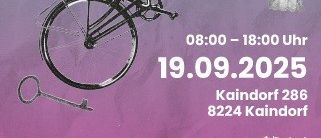 Plakat für Re-Use Tag im Green Shop Kaindorf, 19. September 2025, 08:00-18:00 Uhr, mit Fahrrad, Stuhl, Hammer und Schlüssel.