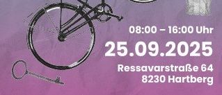 Plakat für den Tag der offenen Tür am 25.09.2025 in Hartberg. Zeigt ein Fahrrad, einen Stuhl, einen Hammer und einen Schlüssel. Veranstaltungszeit: 08:00 - 16:00. Ort: Ressavarstrate 64, 8230 Hartberg.