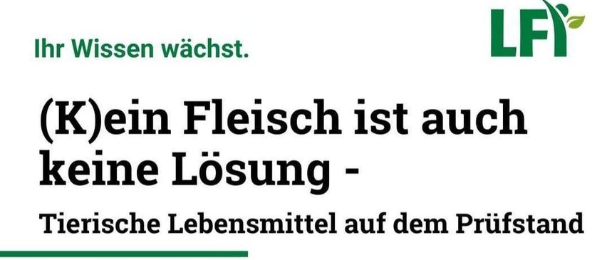 Das Bild zeigt eine Ankündigung für einen Vortrag über tierische und pflanzliche Lebensmittel. Der Vortrag behandelt den gesundheitlichen Wert und die Umweltauswirkungen und findet am 12.03.2026 statt.