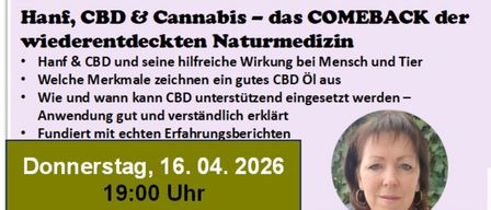 A poster advertising an event about CBD and cannabis. It highlights the benefits for humans and animals, discusses signs of good CBD oil, and details when and how CBD can be used. The event features Helga Schonherr, offering free entry.