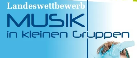 Musikposter, das eine Veranstaltung mit einem Trompeter bewirbt. Der Plakattext lautet 'Landeswettbewerb Musik in kleinen Gruppen.' Das Datum ist Samstag, 9. Mai 2026. Die Veranstaltung beginnt um 20:30 Uhr.