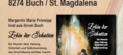 Ein Ereignisposter mit einem Bild einer Frau und einem Gemälde. Die Frau liest aus ihrem Buch 'Leben in der Schatten'. Das Gemälde zeigt eine Frau in einem fließenden Kleid. Die Veranstaltung ist am 12. Juni 2026. Der Eintritt ist freiwillig.