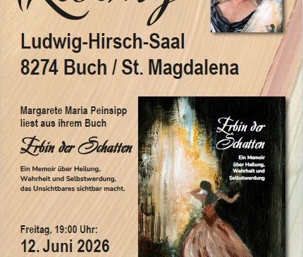 Ein Ereignisposter mit einem Bild einer Frau und einem Gemälde. Die Frau liest aus ihrem Buch 'Leben in der Schatten'. Das Gemälde zeigt eine Frau in einem fließenden Kleid. Die Veranstaltung ist am 12. Juni 2026. Der Eintritt ist freiwillig.
