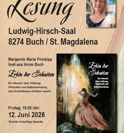 Ein Ereignisposter mit einem Bild einer Frau und einem Gemälde. Die Frau liest aus ihrem Buch 'Leben in der Schatten'. Das Gemälde zeigt eine Frau in einem fließenden Kleid. Die Veranstaltung ist am 12. Juni 2026. Der Eintritt ist freiwillig.