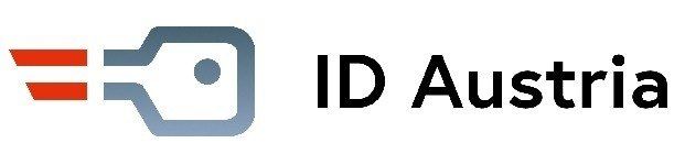 Das ID Austria Logo zeigt links eine blaue und rote Schlüsselform und rechts den schwarzen Text 'ID Austria'.