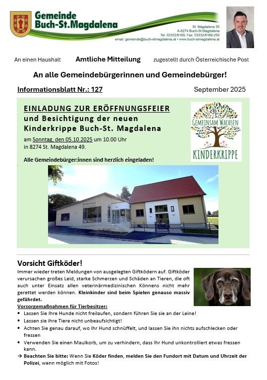 Amtliche Mitteilung der Gemeinde Buch-St. Magdalena zur Eröffnungsfeier und Besichtigung der neuen Kinderkrippe am 05.10.2025. Es wird vor gefährlichen Giftködern für Tiere gewarnt.