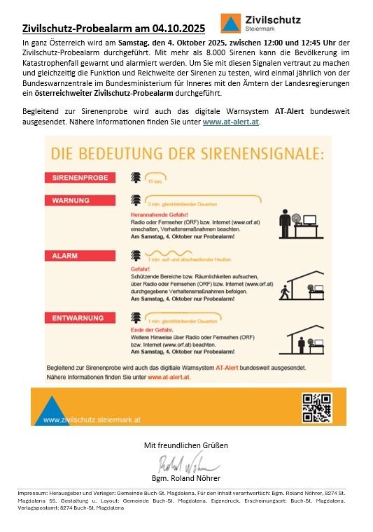 Zivilschutz-Probealarm am 04.10.2025. Er wird in ganz Österreich zwischen 12:00 und 12:45 Uhr durchgeführt. Über 8.000 Sirenen werden die Bevölkerung warnen. Der Test zielt darauf ab, die Funktion und Reichweite der Sirenen sicherzustellen. Das digitale Warnsystem AT-Alert wird ebenfalls getestet. Nähere Informationen finden Sie unter www.at-alert.at.