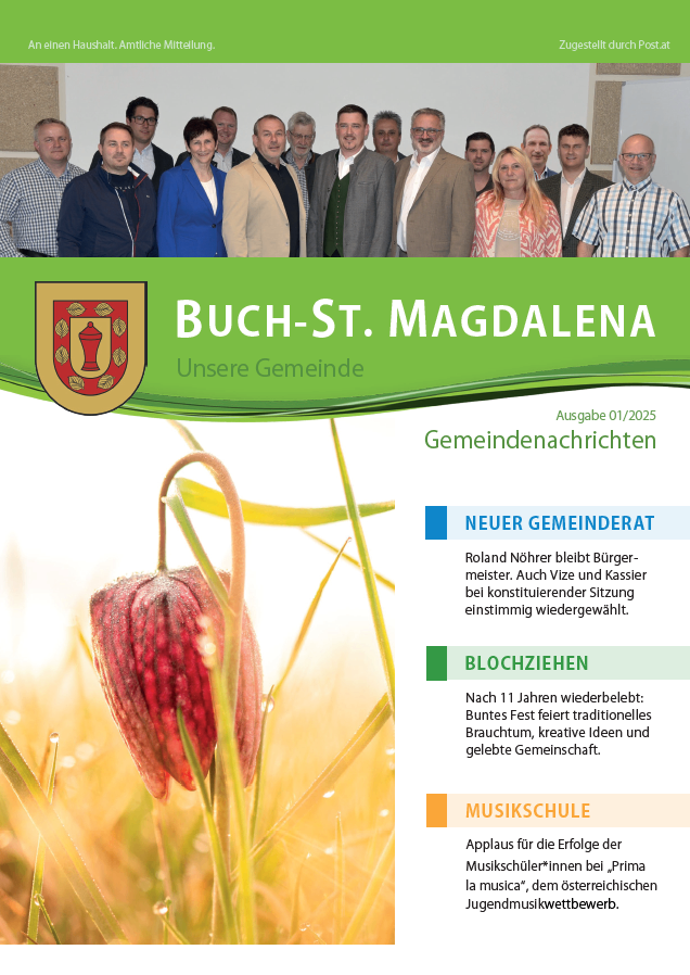 Plakat für Buch-St. Magdalena Gemeindenachrichten, datiert 01/2025. Es zeigt ein Gruppenfoto von Offiziellen, ein Logo und Abschnitte über den neuen Gemeinderat, bevorstehende Veranstaltungen und Musikschule.